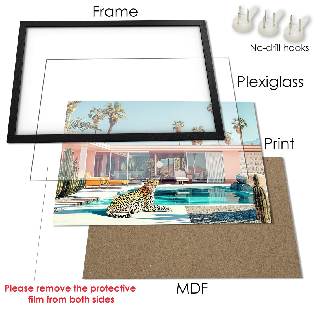 Framed Poster featuring a leopard by a pool. Mid-century modern style with a blue, pink, and green color palette. Perfect wall art!