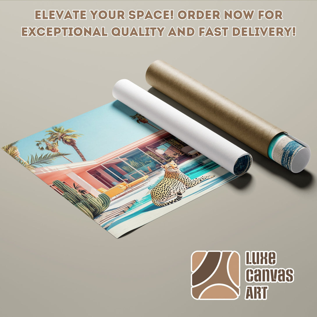 Poster Roll featuring a mid-century modern style print with a tropical scene, warm color palette.
