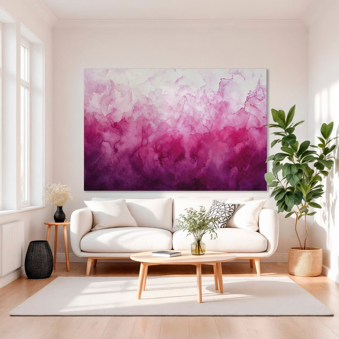 Framed Wall Art featuring a vibrant pink watercolor abstract design. Modern art in a luxurious interior with a gold frame. Perfect for home decor.
