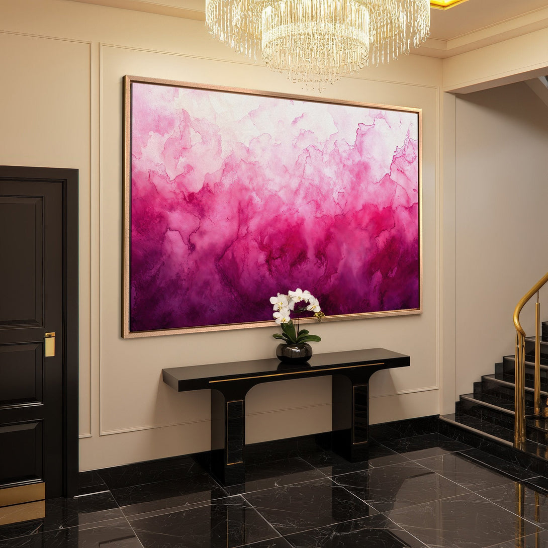 Framed Wall Art: Abstract watercolor canvas print in pink and magenta tones. Modern art for interior design, adds a pop of color to any room.