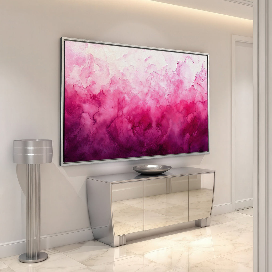 Framed Wall Art featuring a vibrant pink watercolor abstract design. Modern interior decor with a striking color palette. Elevate your space with this beautiful Canvas Print.