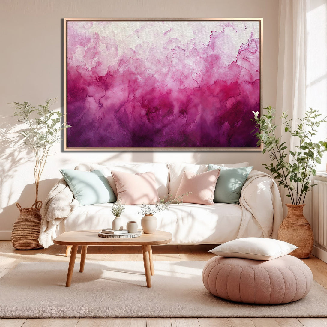 Framed Wall Art: Abstract watercolor canvas print in shades of pink and purple. Modern art for a stylish living room.