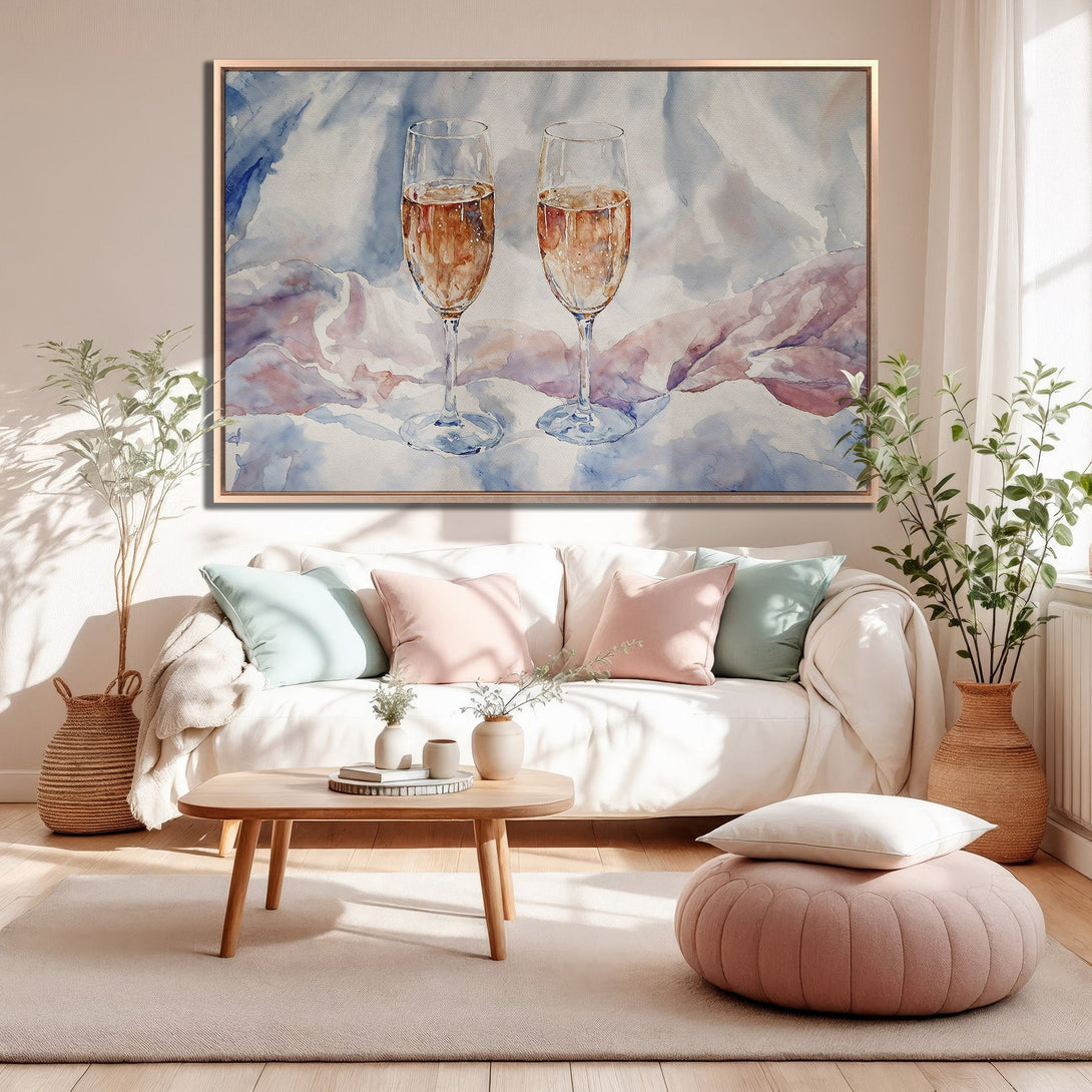 Framed Wall Art: Watercolor Champagne glasses in a modern living room. Soft pink, blue, and neutral tones create a calming, elegant aesthetic. Perfect home decor!
