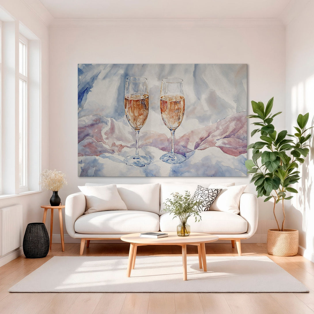Framed Wall Art: Watercolor painting of champagne flutes in a gold frame. Soft blue, pink, and gold color palette for elegant home decor.