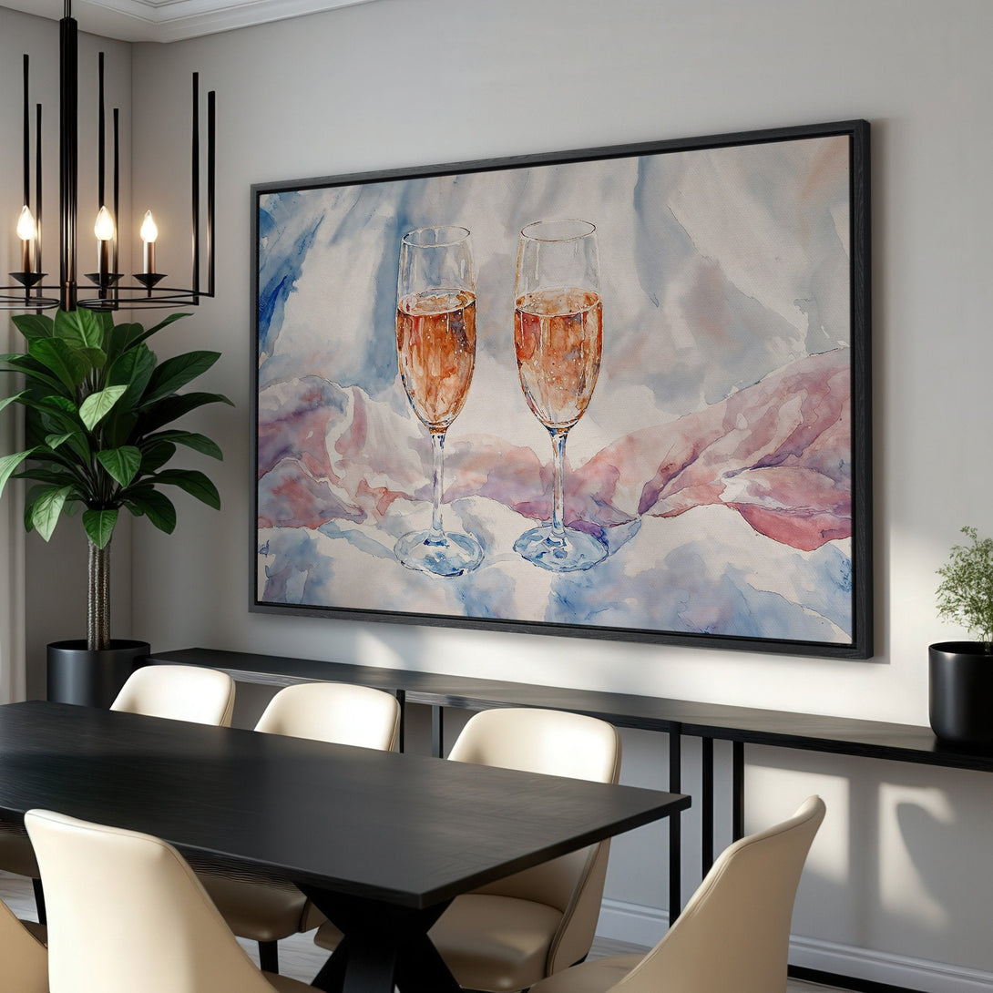Framed Wall Art: Watercolor champagne glasses in a dining room. Soft, romantic style with a blue, pink, and peach color palette. Perfect for home decor.