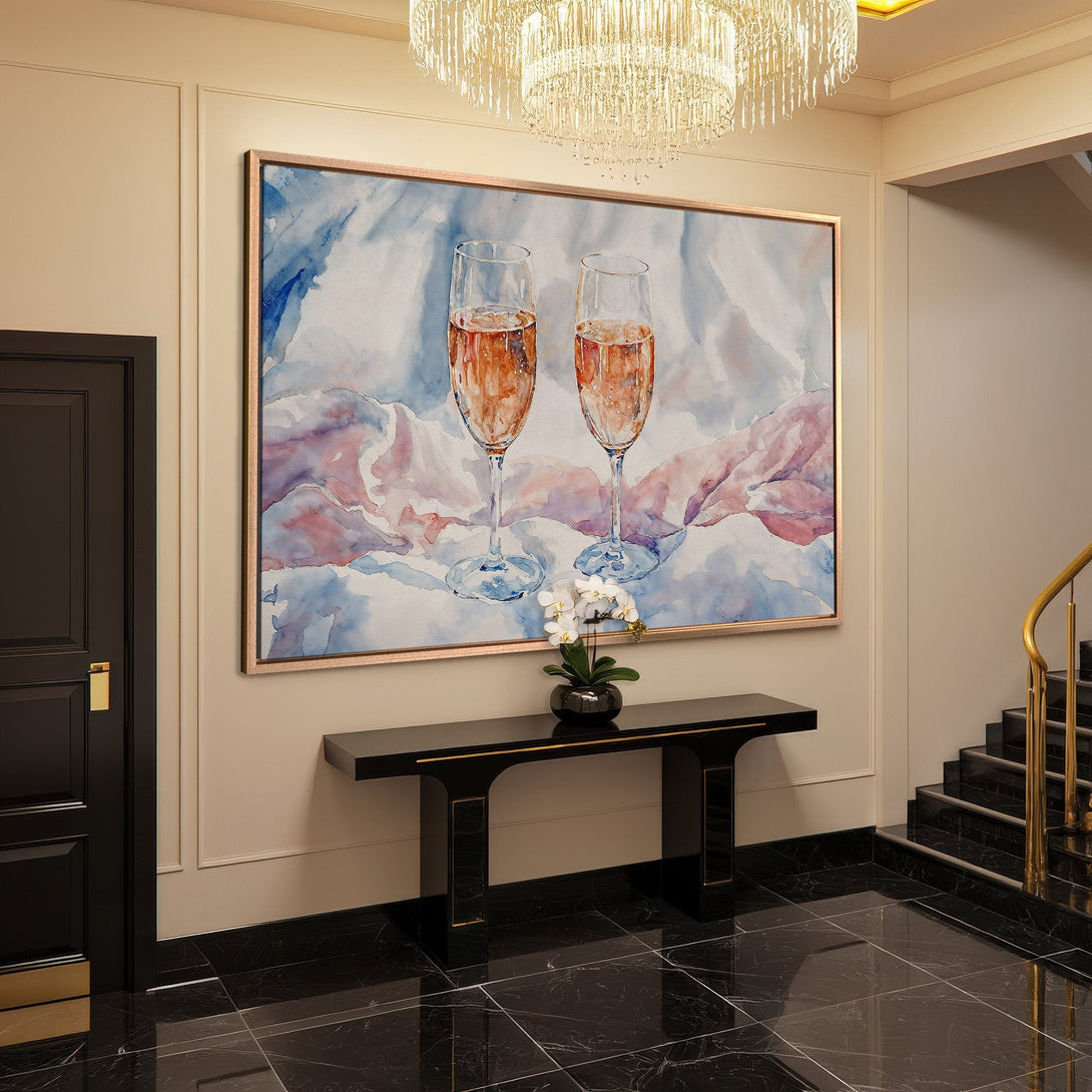 Framed Wall Art featuring champagne glasses in watercolor style. Blue, pink, and gold color palette. Perfect for elegant home decor.