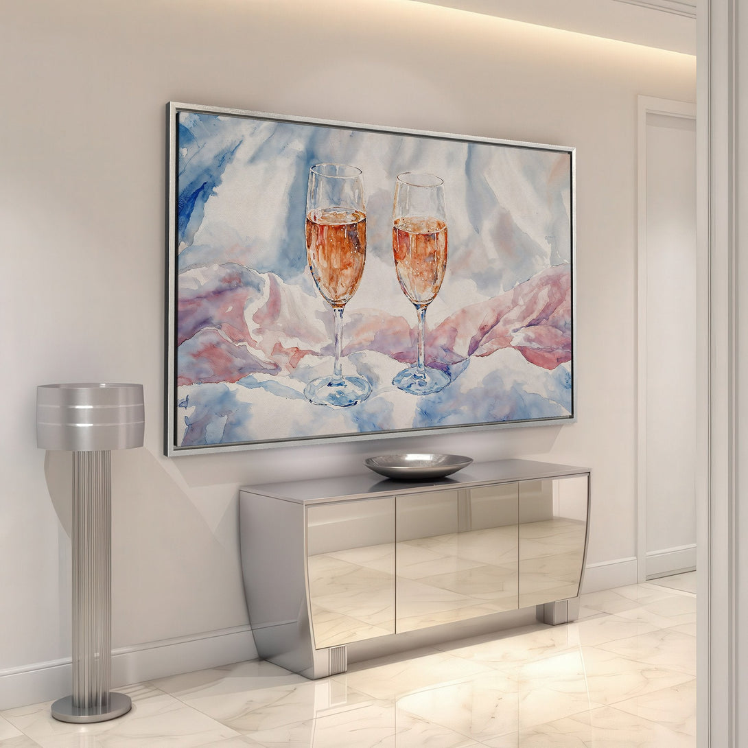 Framed Wall Art featuring watercolor champagne glasses in a modern interior. Soft blue, pink, and peach color palette. Elevate your space with elegant art!