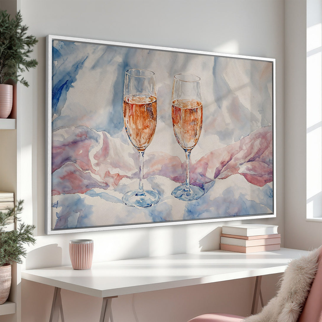 Framed Wall Art featuring watercolor champagne glasses in a dreamy, blue and pink palette. Perfect for adding elegance to your home decor.