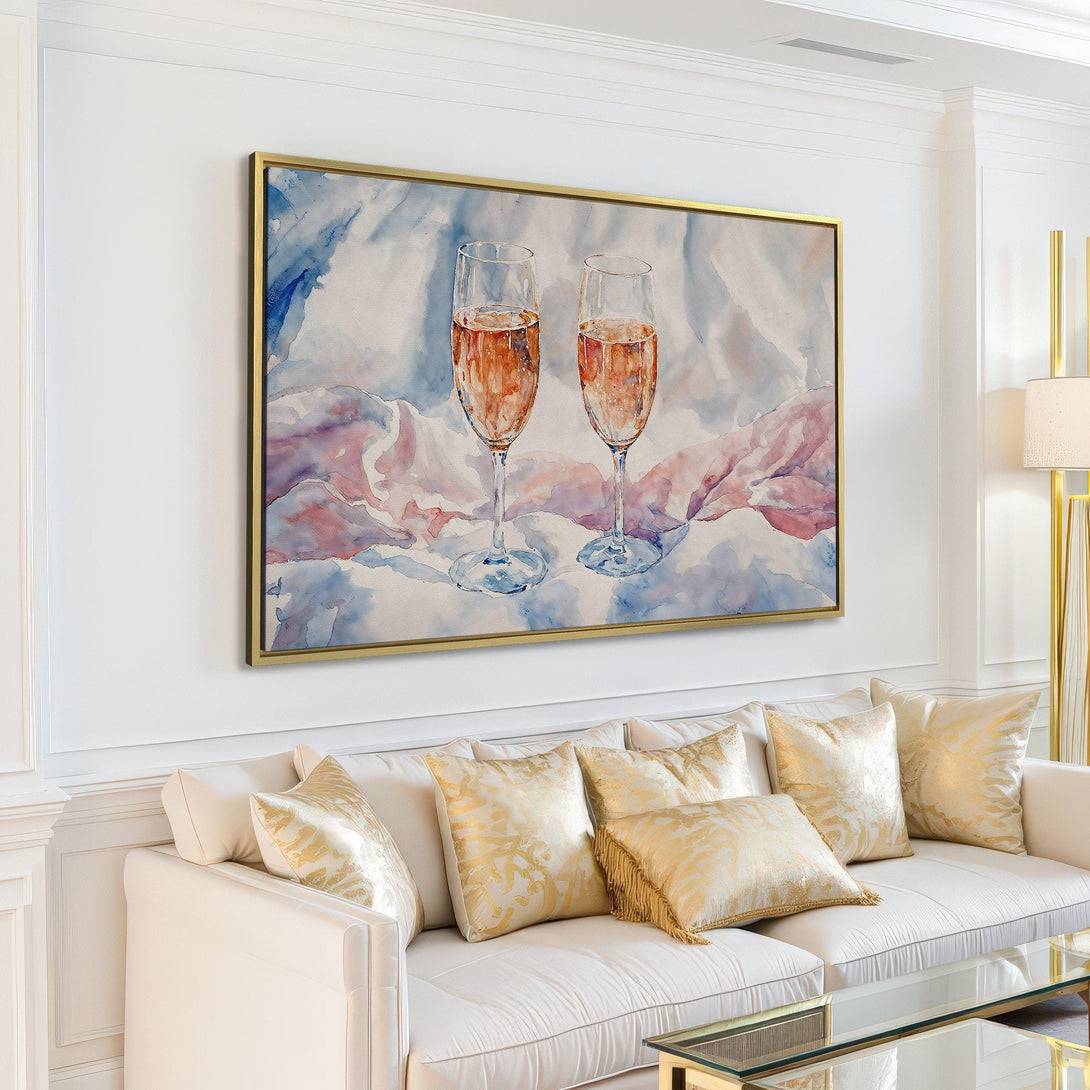 Watercolor Canvas Print of champagne flutes in a modern interior. Soft blue, pink, and gold color palette. Elevate your space with art!