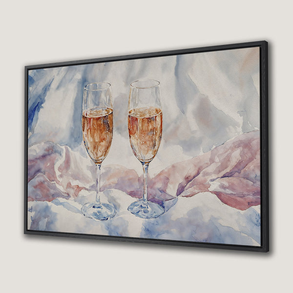 Framed Wall Art: Watercolor champagne glasses in a soft blue, pink, and gold palette. Elegant artwork perfect for a dining room or bar.