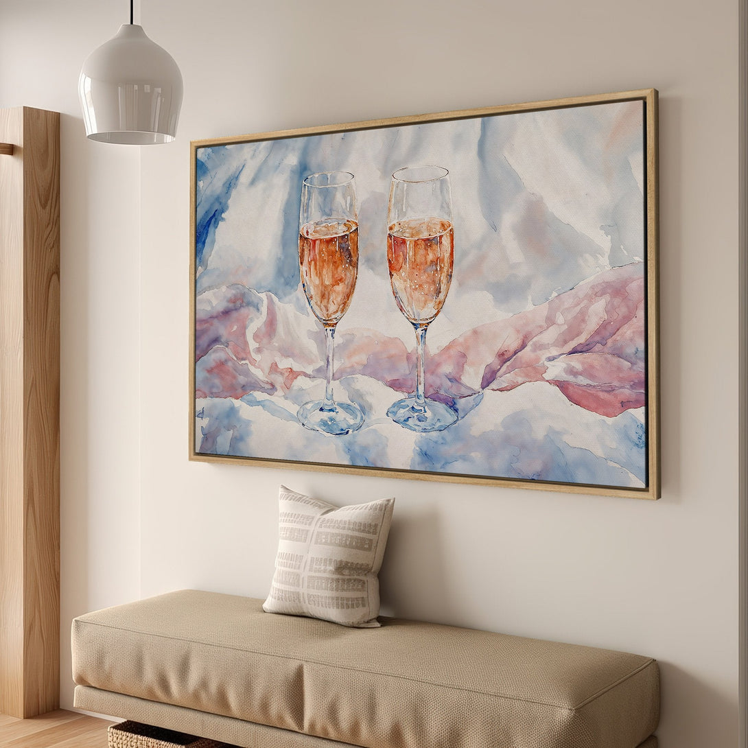 Framed Wall Art: Watercolor painting of champagne flutes in a soft, pastel color palette. Perfect for adding a touch of elegance to any space.