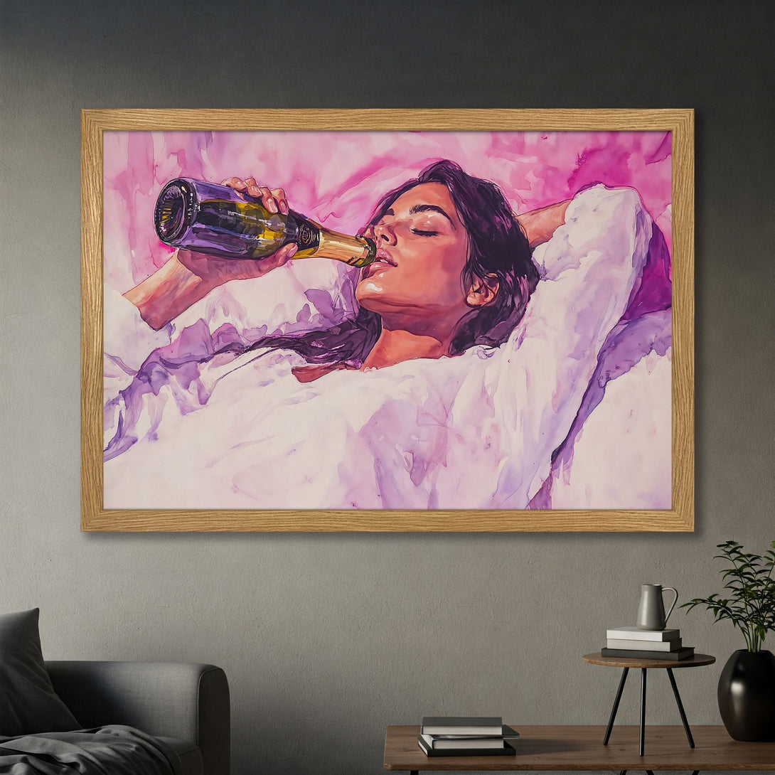 Framed Poster: Woman drinking champagne, watercolor style, pink & purple palette. Perfect wall art for a touch of luxury.
