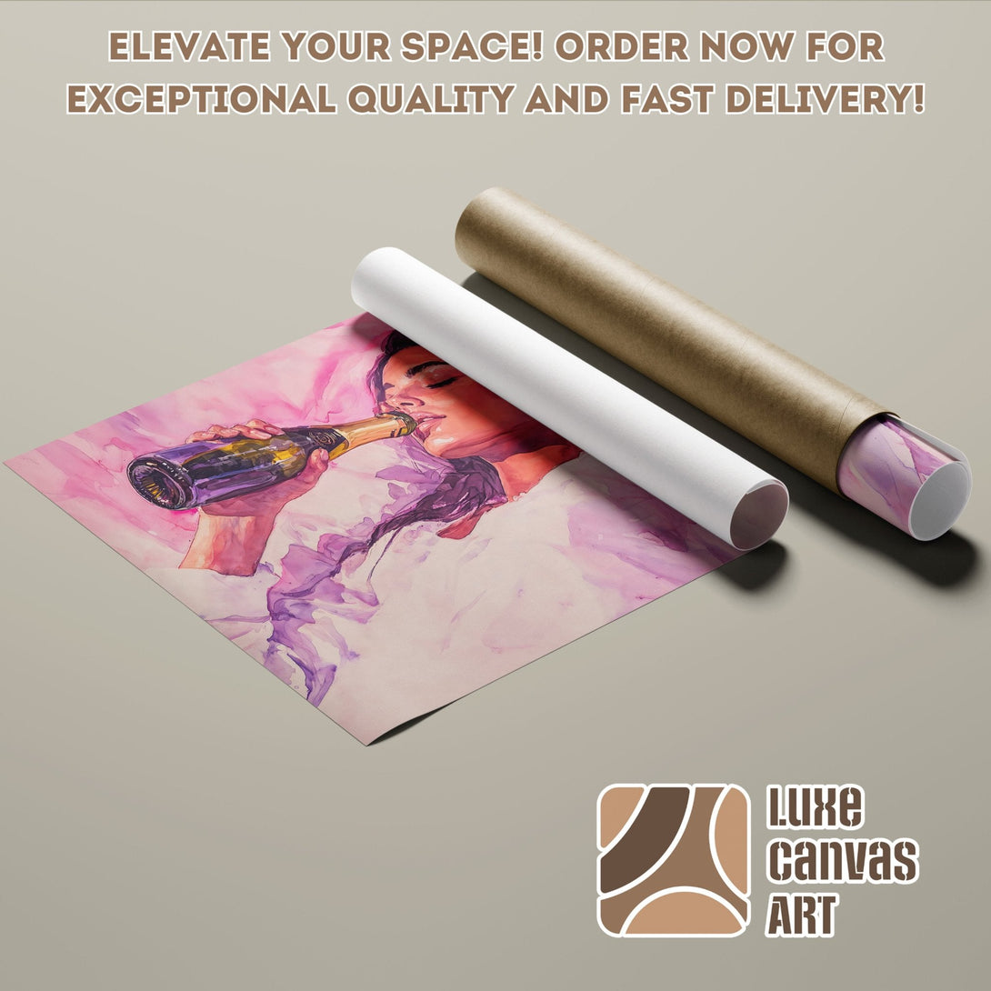Poster Roll art of woman drinking champagne, watercolor style, pink & purple palette. Elevate your space!