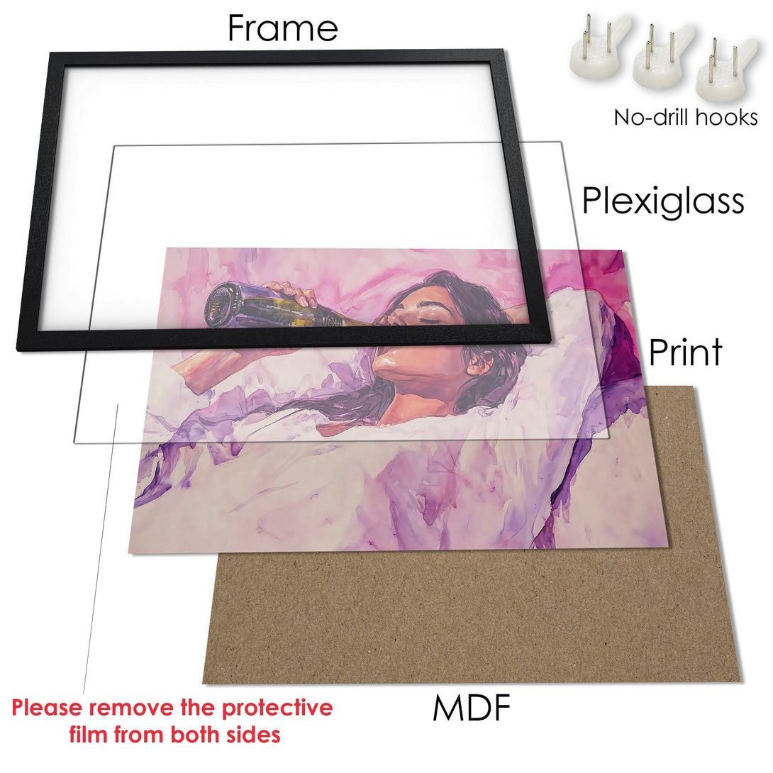 Framed Poster art print of woman drinking, watercolor style, soft pink & purple palette. Perfect wall decor.