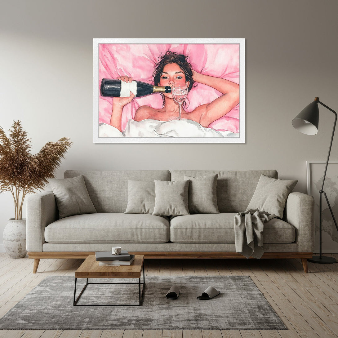 Framed Poster: Watercolor art of woman drinking champagne in bed. Pink & neutral color palette. Perfect wall decor for a stylish home.