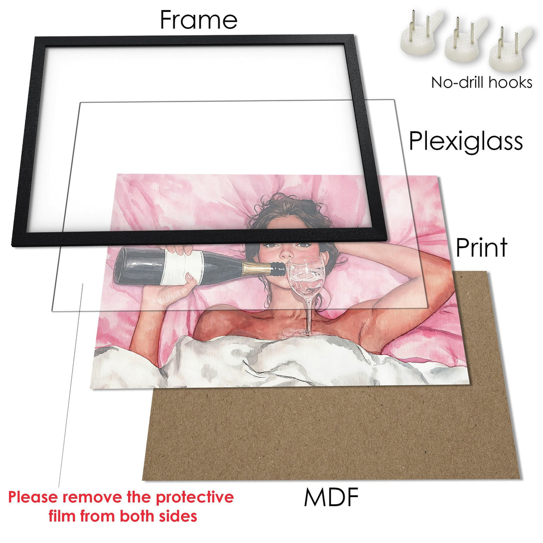Framed Poster: Woman enjoying champagne, watercolor style, pink and neutral tones. Perfect wall art!