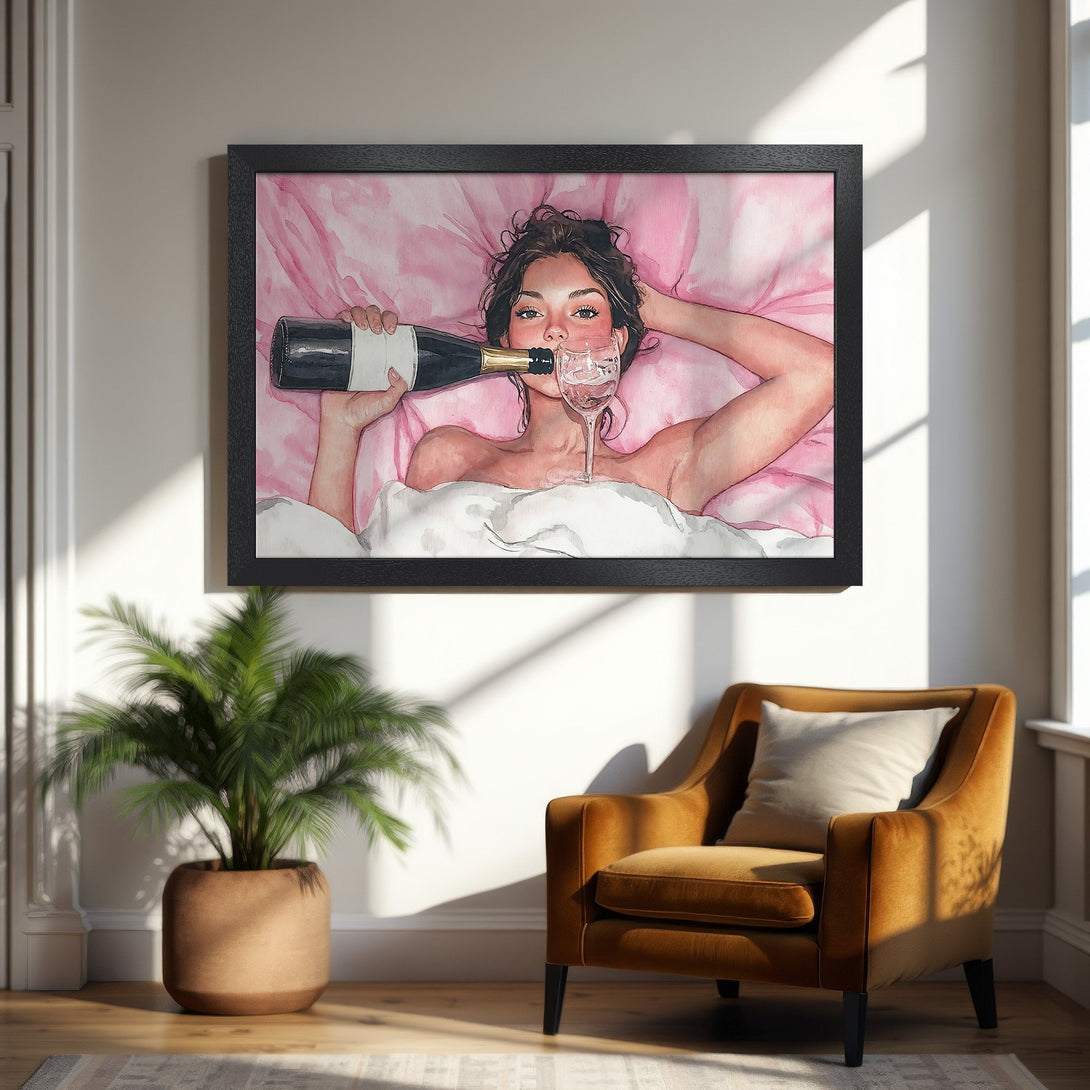 Framed Poster of woman drinking champagne in bed, watercolor style, pink & neutral color palette. Perfect wall art!