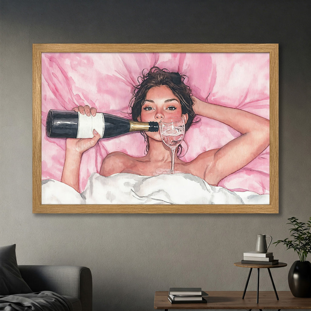 Framed Poster of woman drinking champagne in bed, watercolor style, pink and neutral color palette. Perfect wall art.