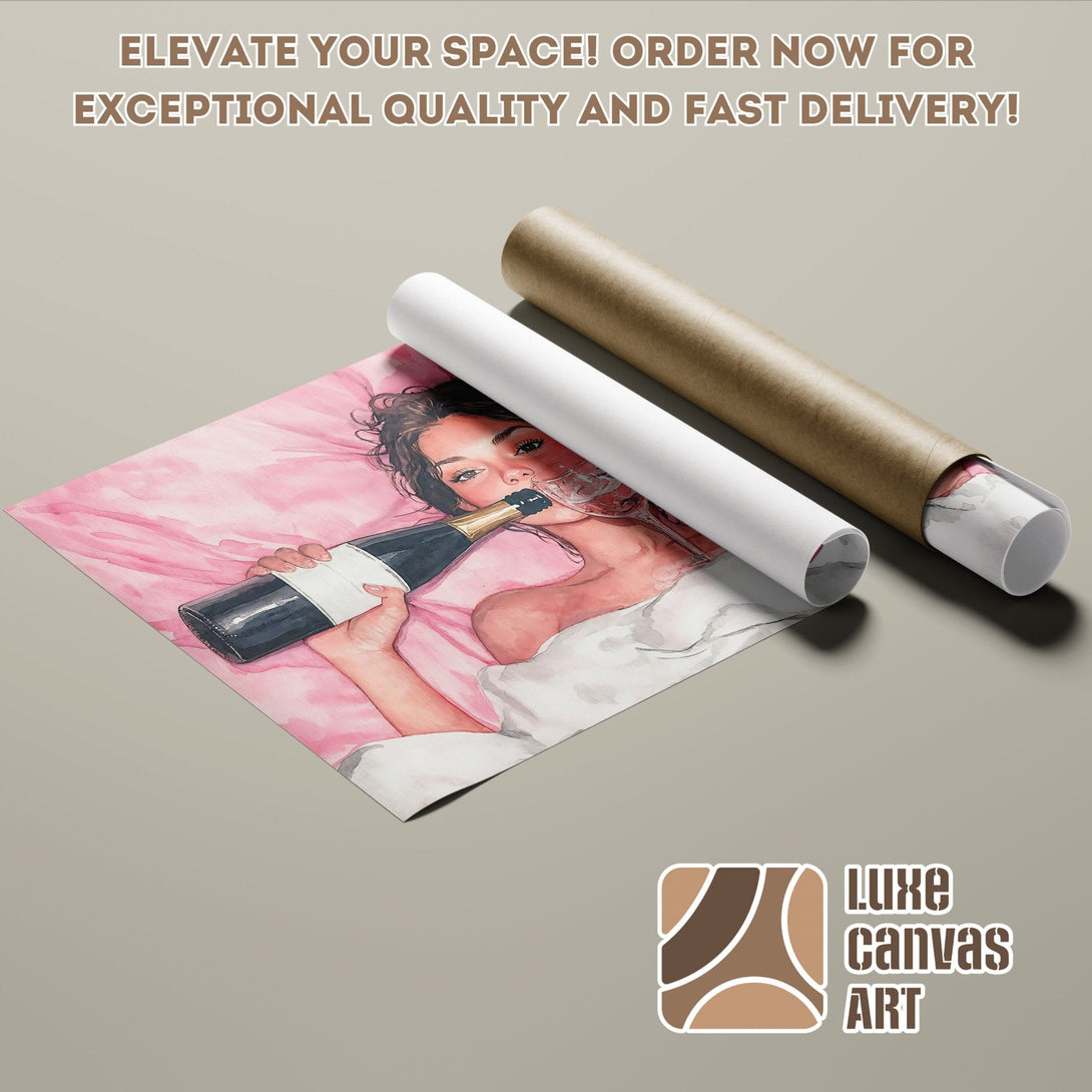 Poster Roll featuring watercolor art of a woman with a champagne bottle, pink palette. Elevate your space!