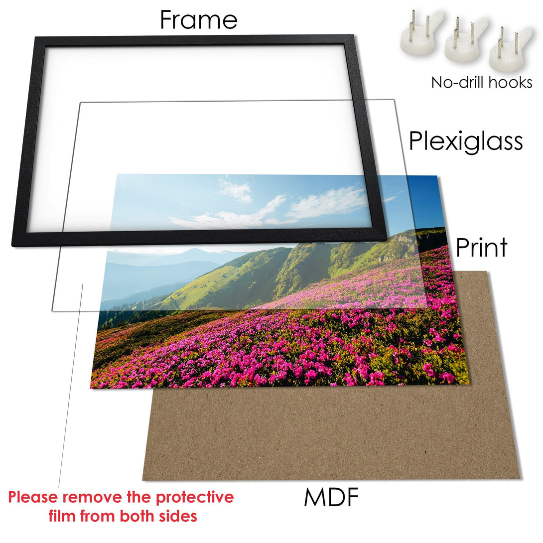 Framed Poster featuring a vibrant mountain landscape with pink flowers, blue sky, and green hills. A beautiful nature-inspired art piece.