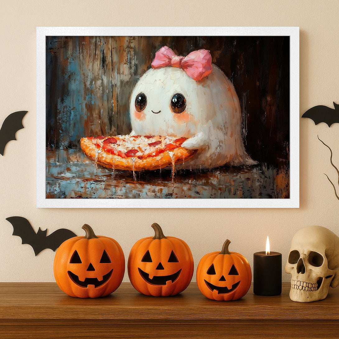Framed Poster of a cute ghost eating pizza, oil painting style, with a pink bow, Halloween decor, and a warm color palette.