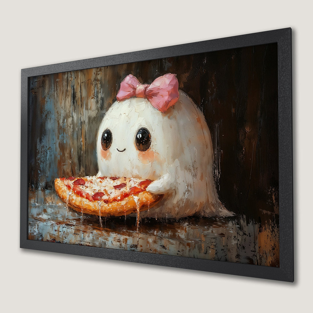 Framed Poster: Cute ghost with pizza, whimsical art, warm color palette. Perfect wall decor!