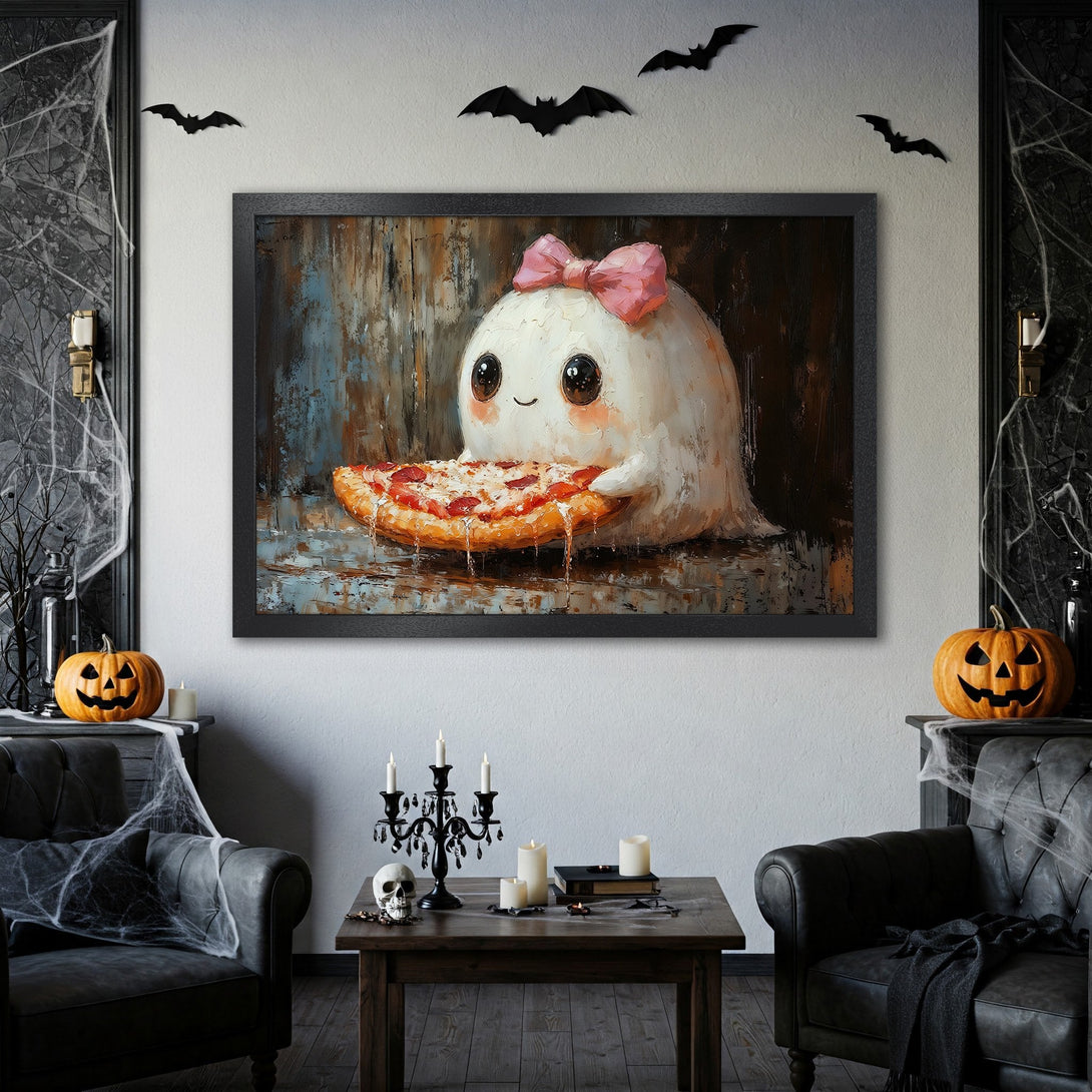 Framed Poster featuring a cute ghost enjoying pizza. Oil painting style with a warm, earthy color palette. Perfect Halloween decor!