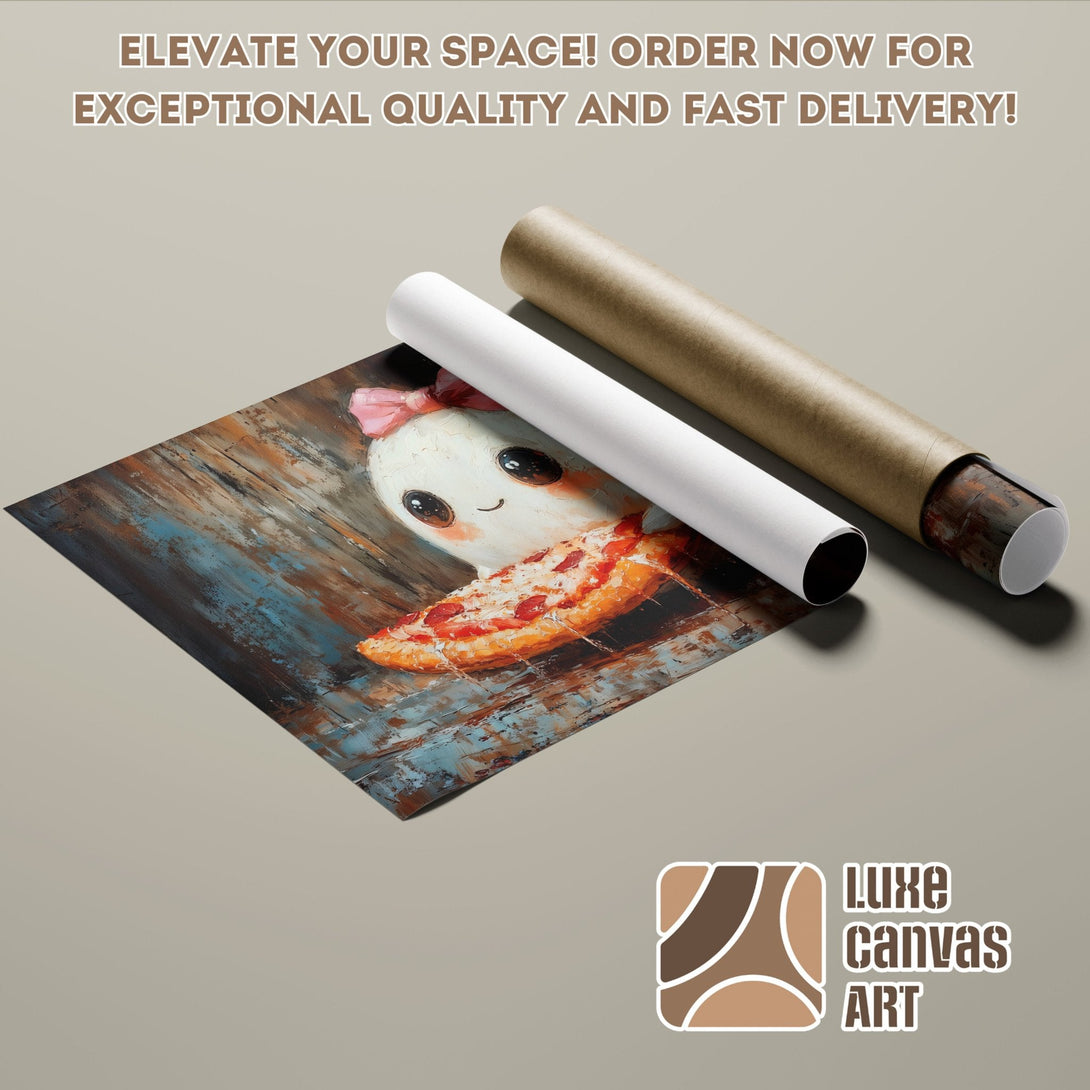 Whimsical pizza ghost poster roll. Abstract art style with brown, blue, and orange color palette. Order your poster today!