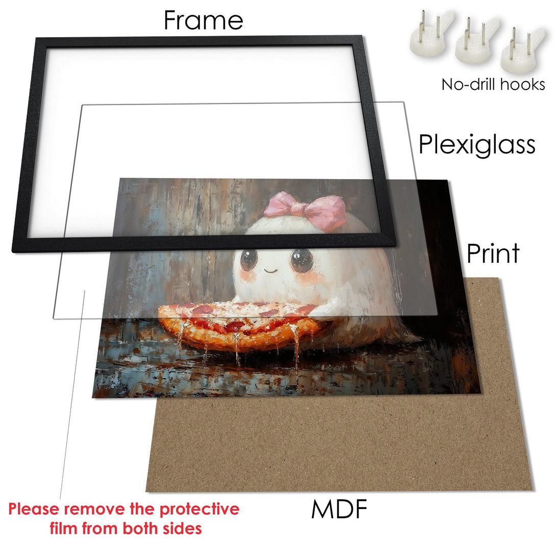 Framed Poster featuring a cute character eating pizza, painted in an expressive style with a warm color palette. Perfect wall art!