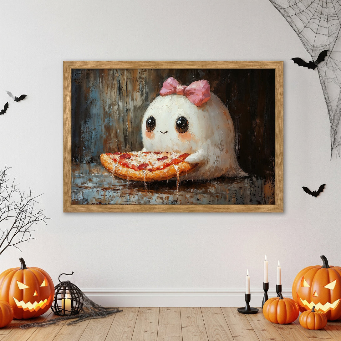 Framed Poster featuring a cute ghost with pizza, painted in an expressive style. Warm orange, brown, and blue color palette. Perfect Halloween decor!