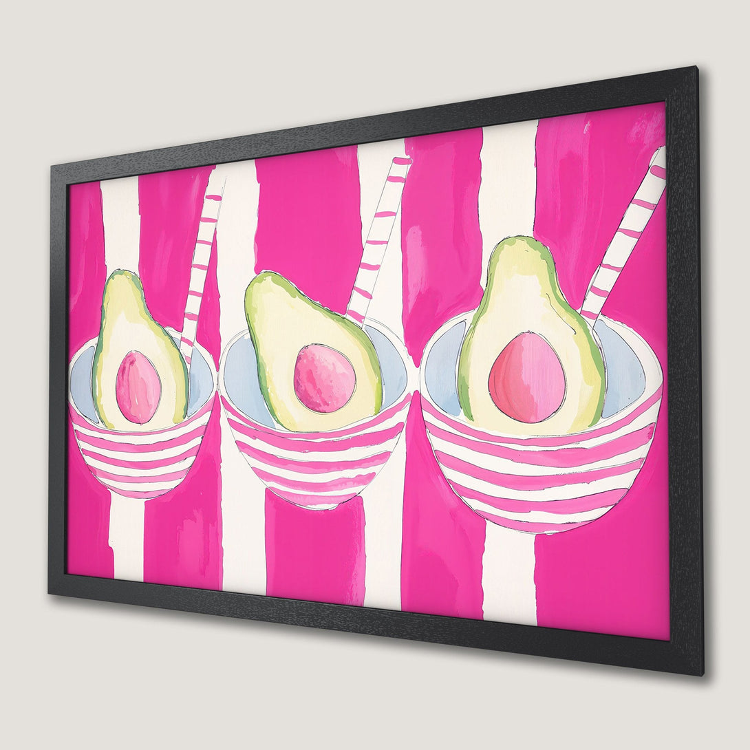 Framed Poster of avocados in bowls, watercolor style, vibrant pink & white palette.