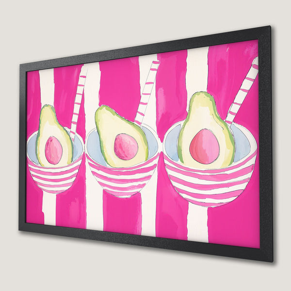 Framed Poster of avocados in bowls, watercolor style, vibrant pink & white palette.