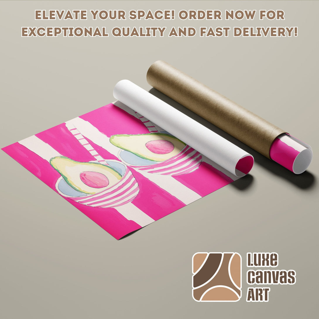Avocado Poster Roll in pink & white stripes. Modern art style, vibrant color palette. Order now!