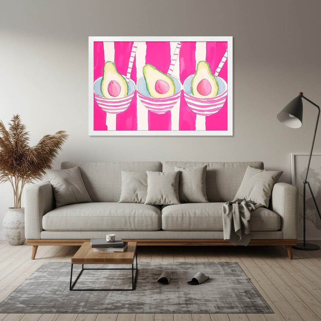 Framed Poster featuring vibrant avocado art in a watercolor style with a pink and white striped background. Modern wall decor.