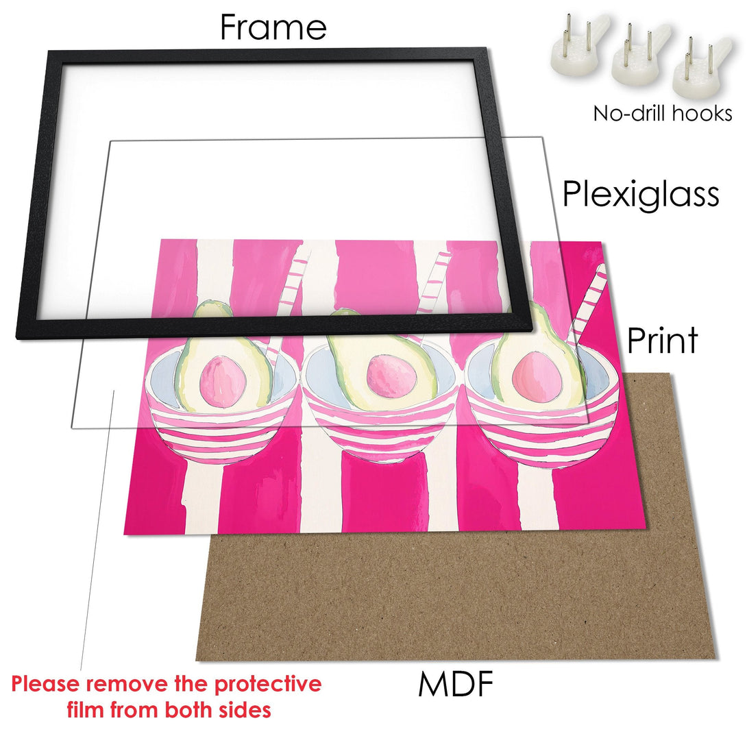 Framed Poster featuring avocado art in a vibrant pink and white color palette. Perfect wall decor!