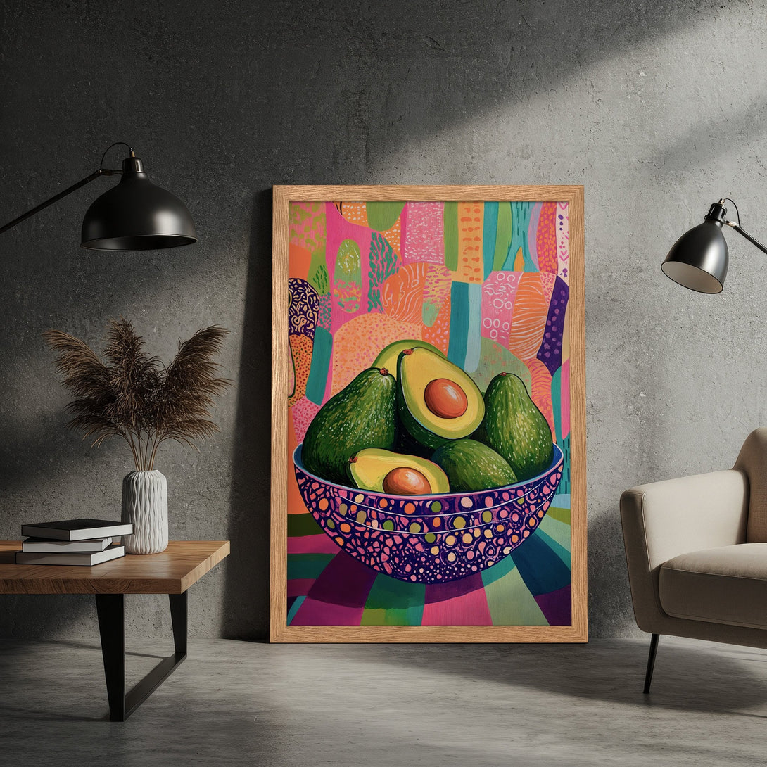 Framed Poster of vibrant avocado still life, colorful abstract style, with a bright pink, green, and purple palette.