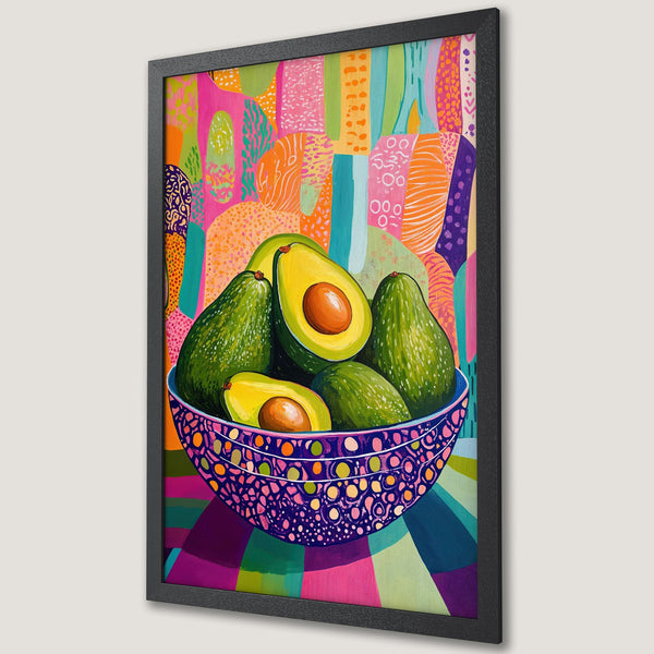 Framed Poster of colorful avocado still life art. Vibrant pink, green, orange, and blue palette. Modern abstract style. Perfect kitchen decor!