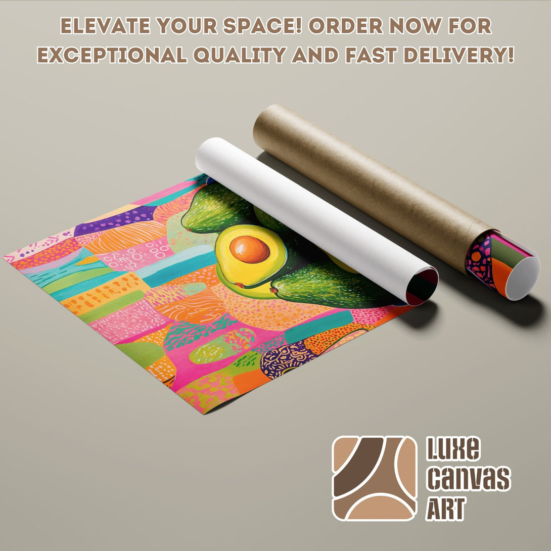 Poster Roll with Avocado Art. Bright, colorful abstract style. Elevate your space with Luxe Canvas Art!