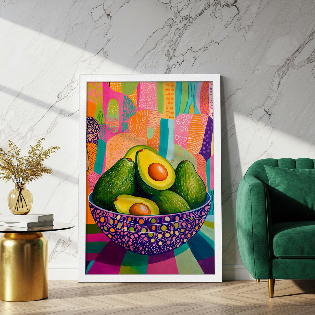 Framed Poster featuring vibrant avocado art in a colorful, modern style. Perfect kitchen decor!