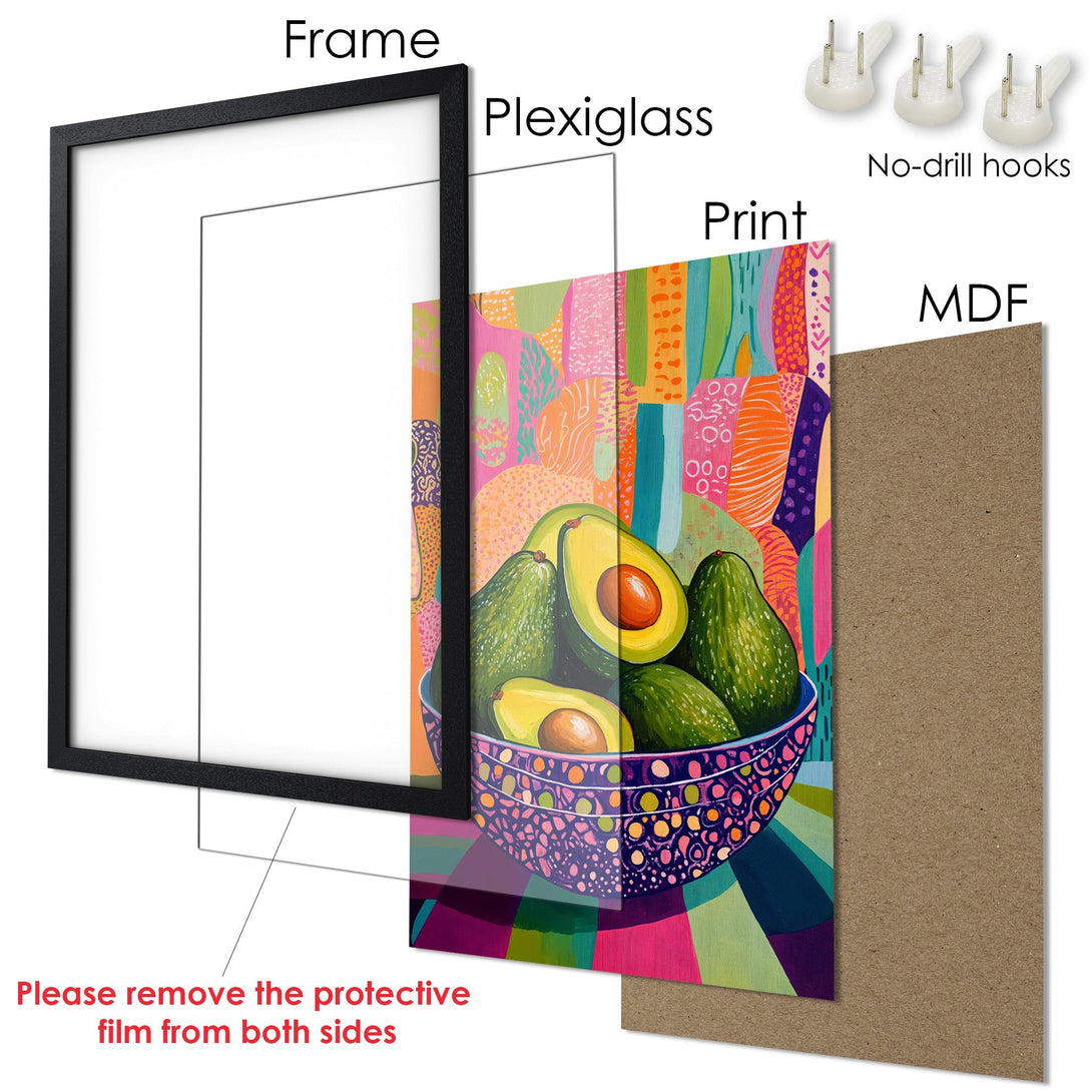 Framed Poster featuring vibrant avocado art in a modern, colorful style. Perfect kitchen decor with a bright, eye-catching palette.