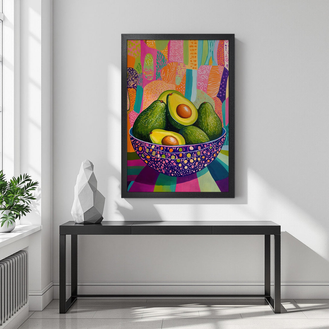 Framed Poster featuring vibrant avocado art in a colorful, modern style. Bold, bright color palette perfect for kitchen decor.