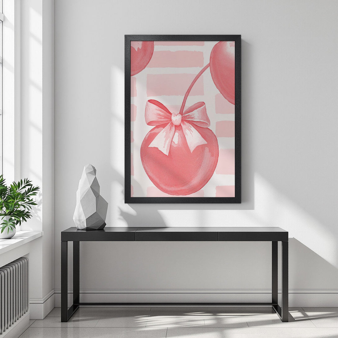 Framed Poster featuring a watercolor cherry with a bow, soft pink palette, perfect for adding a touch of sweetness to any space.