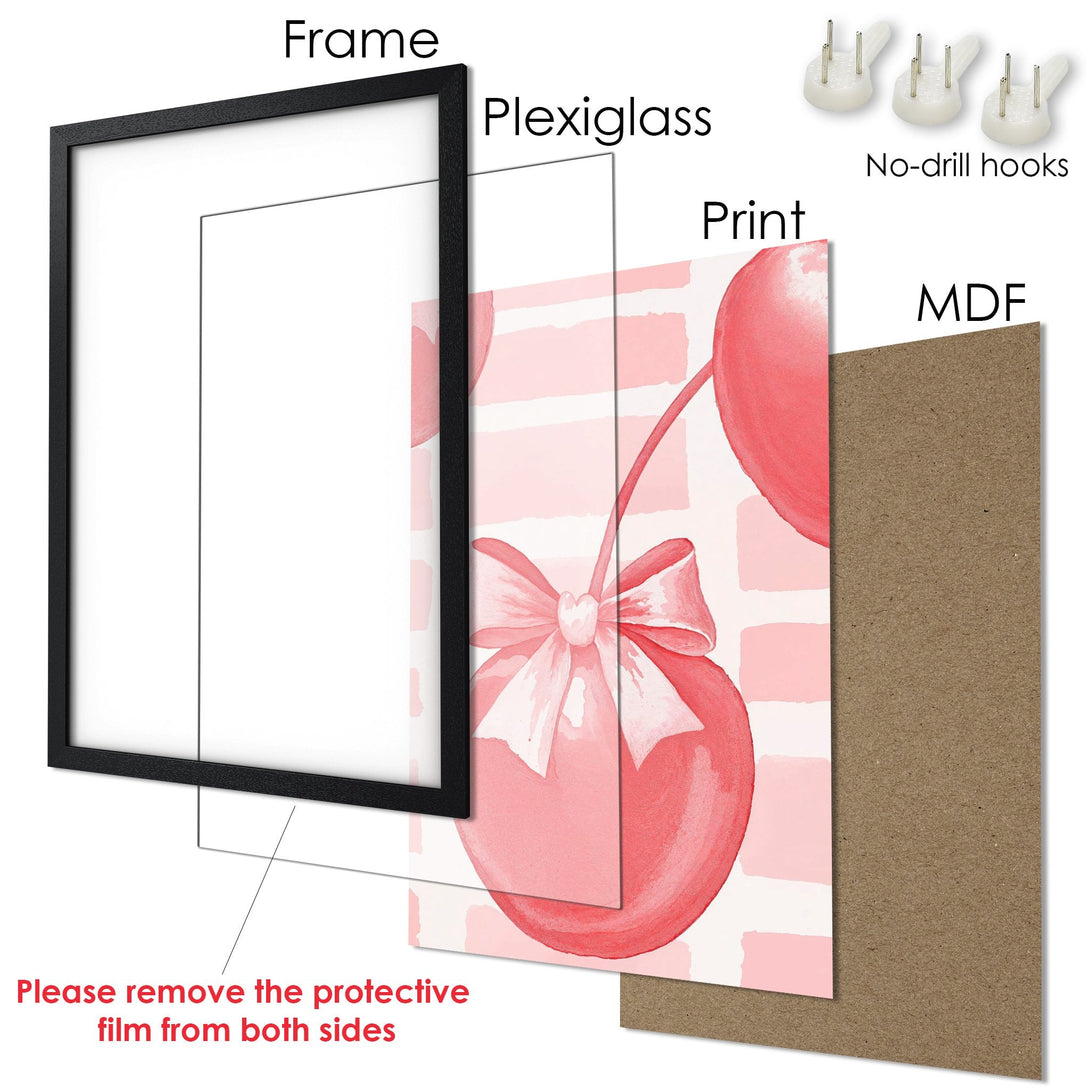 Framed Poster with watercolor cherries, pink & white palette. Stylish wall art for your home!