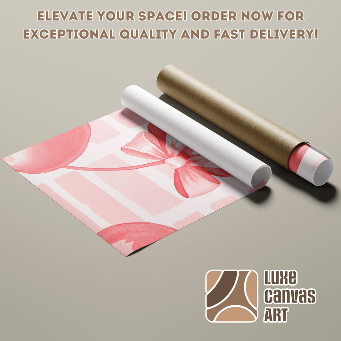 Pink watercolor bow poster roll, perfect for home decor. Modern art print in soft pink palette, ready to elevate your space! Order now!