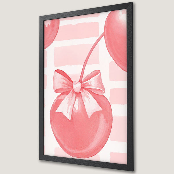 Framed Poster featuring a watercolor illustration of a pink cherry with a bow on a striped background. Soft, feminine, and stylish wall art.