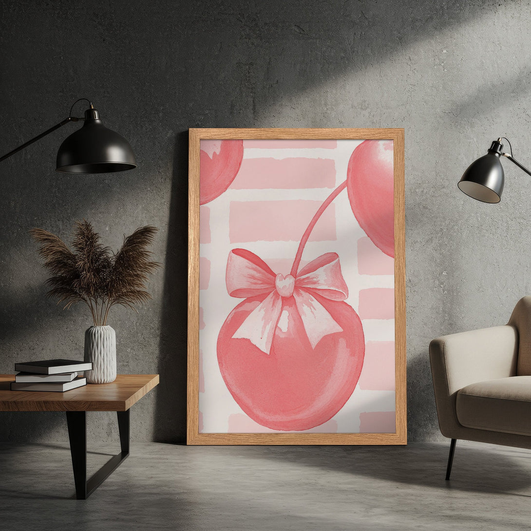 Framed Poster featuring watercolor cherries with a bow, soft pink palette, and a whimsical style. Perfect wall art!