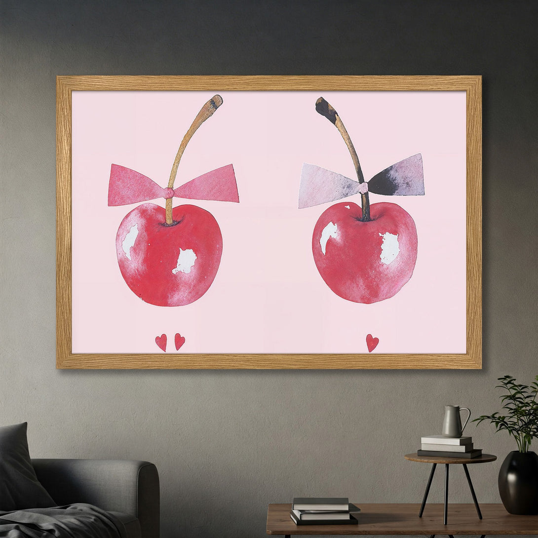 Framed Poster featuring watercolor cherries with bows in red and pink hues. Perfect for adding a touch of whimsy to your space!