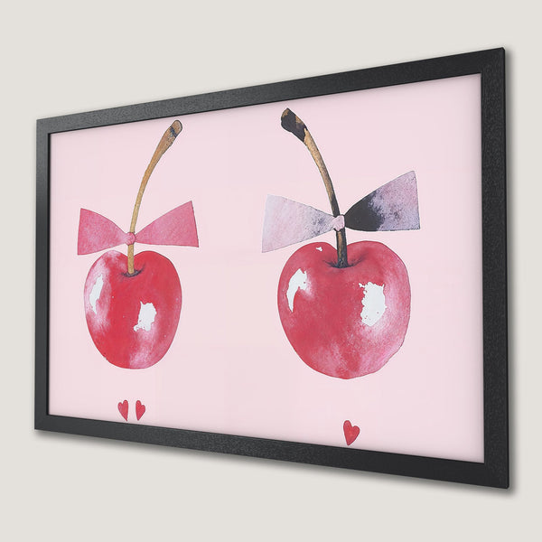 Framed Poster featuring watercolor cherries with bows on a pink background. Perfect wall art!