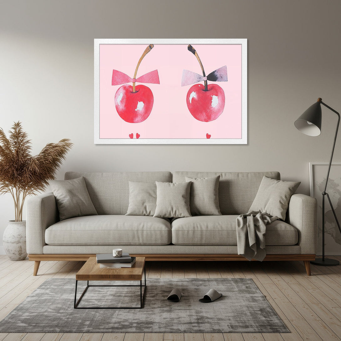 Framed Poster featuring watercolor cherries with bows. Playful art in red and pink hues, perfect for adding a pop of color to your space.