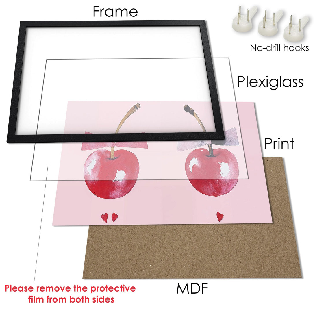 Framed Poster with watercolor cherries, soft pink and red palette, perfect wall art for your home.